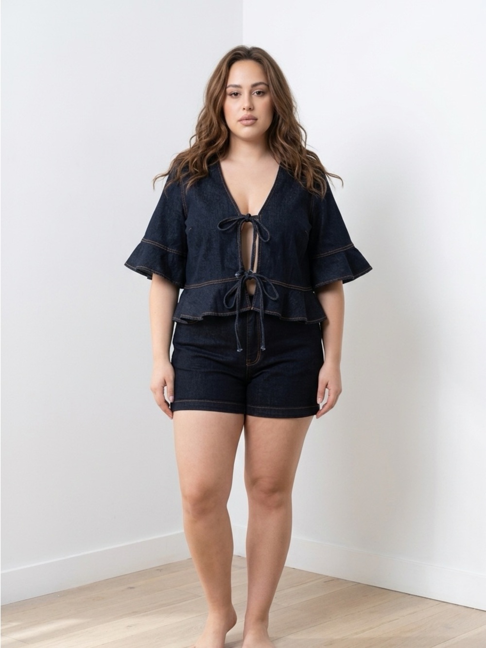 Dark Indigo Tie-Front Denim Top and Shorts Set